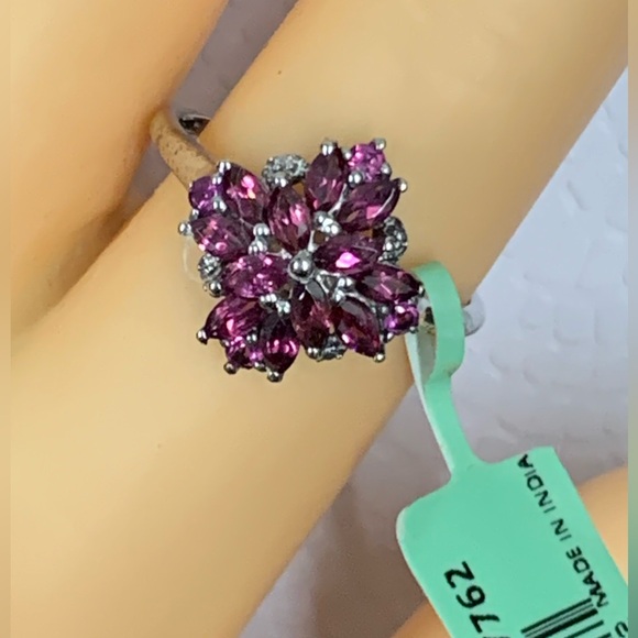 Vintage Sterling Silver Signed STS Flower Rhodolite Garnet Ring  sz 9 - Picture 10 of 12
